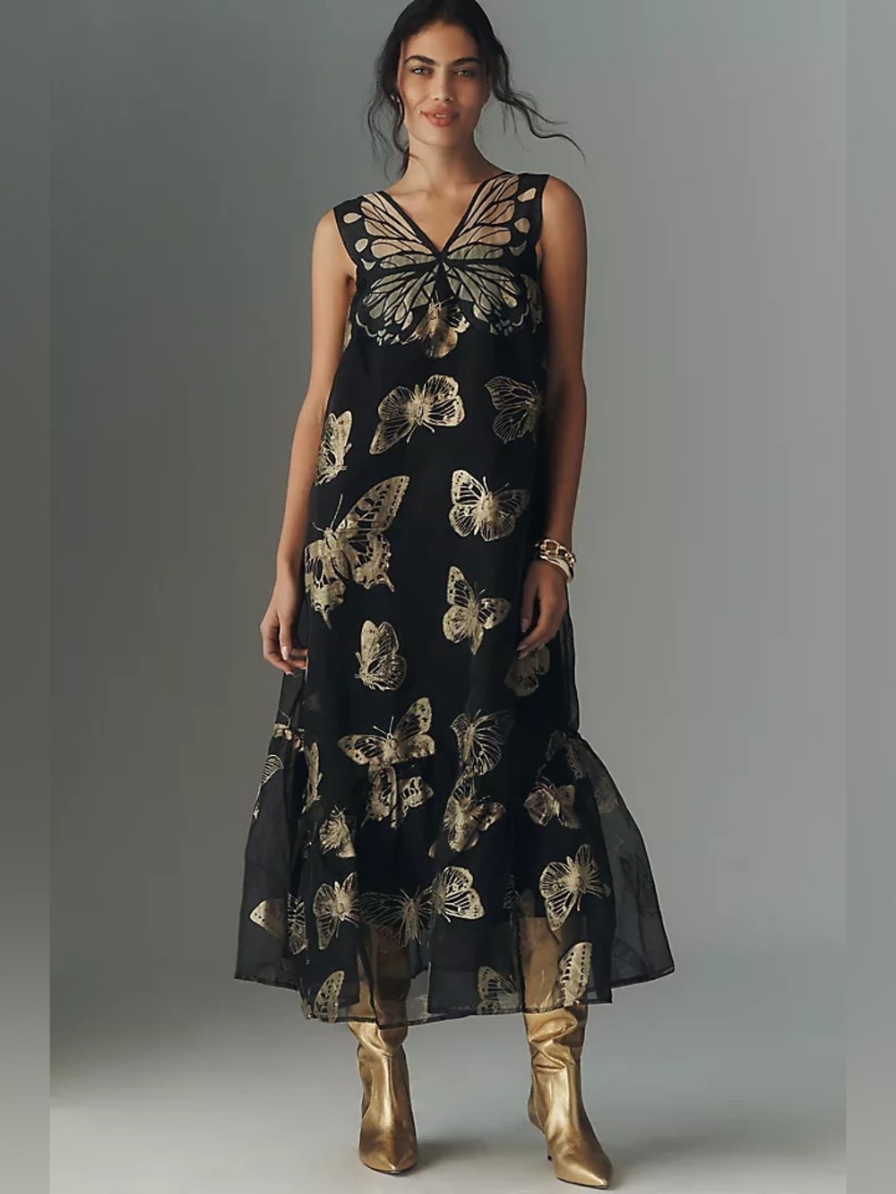 Anthropologie Sleeveless Butterfly Midi Dress Medium Black Gold